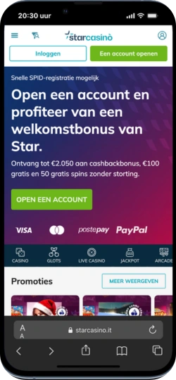 Star Casino account openen bonus scherm