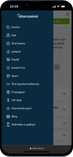 Otevřené boční menu kategorií (Kasino, Slot, Sport) na star casino