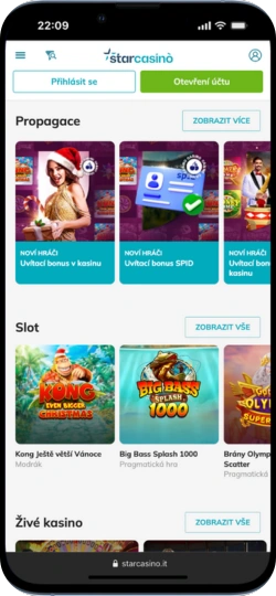 Sekce propagace a výběr slotů na webu star casino (mobilní zobrazení)