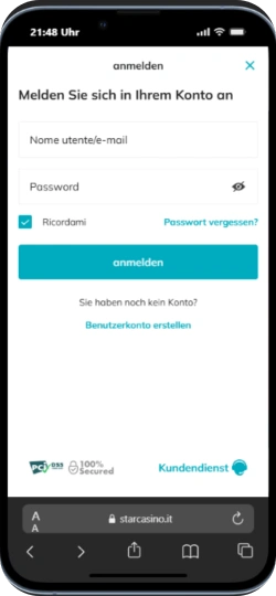 StarCasino App, Anmeldescreen für Benutzerkonto