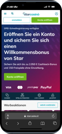 StarCasino App, Anmeldung und Konto eröffnen, Webseite im mobilen Layout