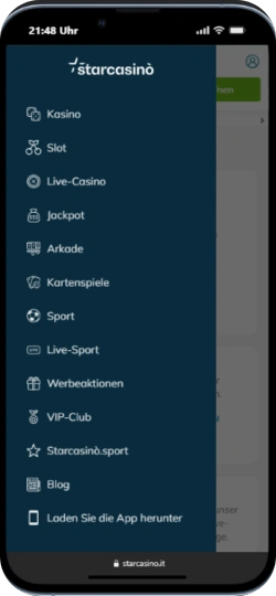 StarCasino App, Menü mit Optionen wie Kasino, Slots und Sportwetten
