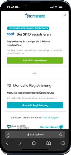 StarCasino App, SPID Registrierung für zusätzlichen Bonus