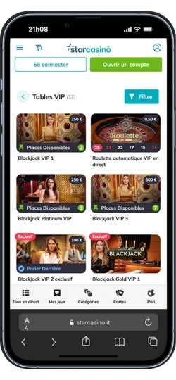 Tables VIP et live casino StarCasino sur mobile